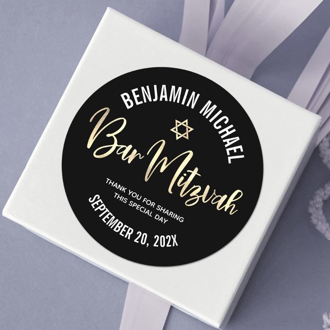 Bar Mitzvah Black Gold Foil Script Bold Modern Classic Round Sticker (Creator Uploaded)