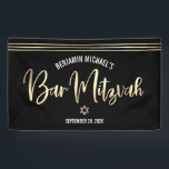 Bar Mitzvah Black Gold Foil Script Tallit Modern Banner<br><div class="desc">Be proud, rejoice and showcase this milestone of your favourite Bar Mitzvah! Hang up this cool, unique, modern, personalised banner to add to his special day. Sparkly, gold faux foil calligraphy script, hand drawn tallit lines and Star of David overlay a sophisticated, dramatic black background. Personalise the custom text with...</div>