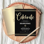 Bar Mitzvah Black Gold Foil Tallit Script Modern Enclosure Card<br><div class="desc">Be proud, rejoice and showcase this milestone of your favourite Bar Mitzvah! Include this stunning, modern, personalised insert for additional information to your event. Graphic faux gold foil calligraphy script, Star of David, and hand drawn tallit lines overlay a rich, dramatic, black background. A faux gold Star of David and...</div>
