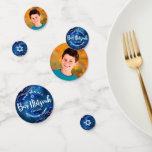 Bar Mitzvah Blue Agate Galaxy Watercolor Script Confetti<br><div class="desc">Add some extra style to your favourite Bar Mitzvah’s celebration party with this customisable table confetti! White script typography and Star of David overlay a deep blue galaxy watercolor background with navy blue agate accented with faux silver veins on one side. Your Bar Mitzvah’s photo is on the other. Personalise...</div>