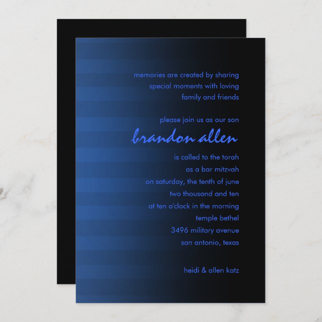 Bar Mitzvah Blue and Black Horizontal Stripe Invitation (Front/Back)