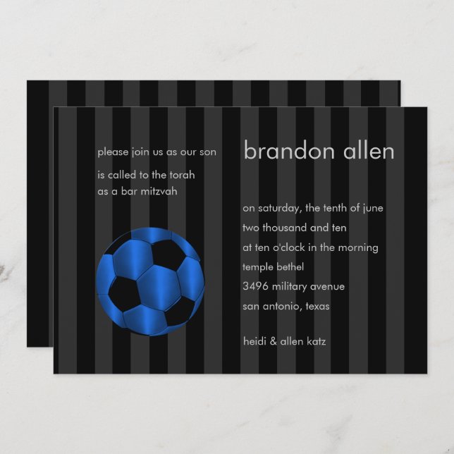 Bar Mitzvah Blue and Black Soccer Ball Invitation (Front/Back)