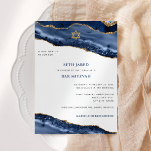 Bar Mitzvah, Blue and Gold Agate Border Invitation