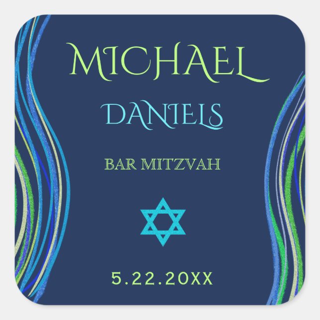 Bar Mitzvah Blue and Green Prayer Shawl Square Sticker (Front)