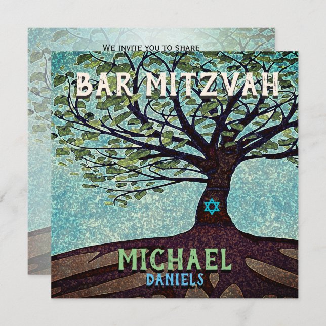 Bar Mitzvah Blue and Green Tree of Life Invitation (Front/Back)