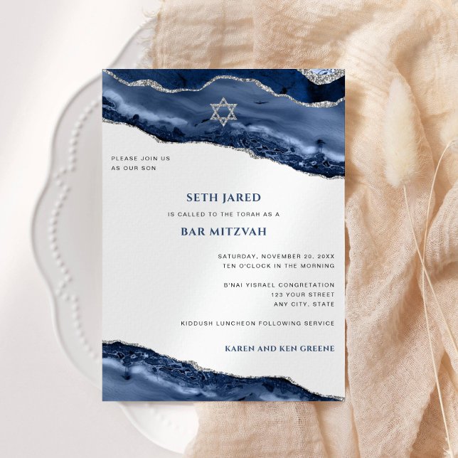 Bar Mitzvah Blue and Silver Agate Border Modern Invitation (Creator Uploaded)