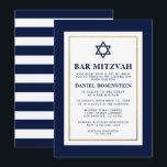 Bar Mitzvah Blue and White Striped Gold Invitation<br><div class="desc">Bar Mitzvah Blue White Gold Invitation Card - Striped Back</div>