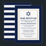 Bar Mitzvah Blue and White Striped Gold Invitation<br><div class="desc">Bar Mitzvah Blue White Gold Invitation Card - Striped Back</div>
