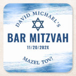 Bar Mitzvah Blue Foil Navy Typography Modern Bold Square Paper Coaster<br><div class="desc">Be proud, rejoice and showcase this milestone of your favourite Bar Mitzvah! Celebrate with this bold, stunning, simple, modern, custom paper coaster. Faux metallic light blue foil brush strokes, navy blue typography and a navy blue Star of David overlay a clean, white background. Personalise with your son’s name, date of...</div>