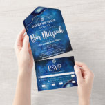 Bar Mitzvah Blue Galaxy Agate Watercolor Script All In One Invitation<br><div class="desc">Be proud, rejoice and showcase this milestone of your favourite Bar Mitzvah! Send out this cool, unique, modern, custom all-in-one invitation for an event to remember. White script typography and Star of David overlay a deep blue galaxy watercolor background with steel blue agate accented with faux silver veins. This all-in-one...</div>