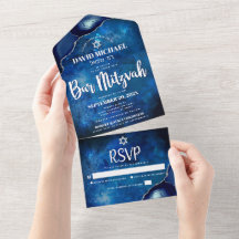Bar Mitzvah Blue Galaxy Watercolor Agate Script