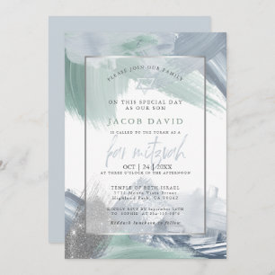 Bar Mitzvah Blue Green Dry Brushstrokes Invitation