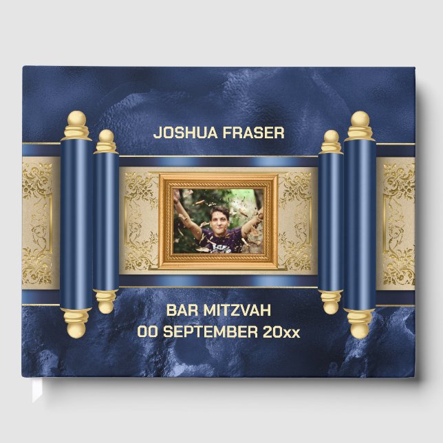 Bar mitzvah blue marble gold scroll boys photo guest book (Front)