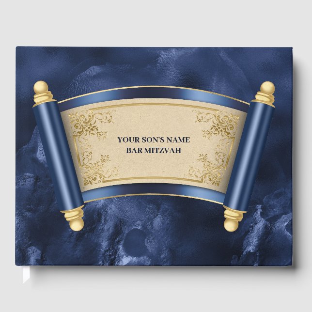 Bar mitzvah blue marble gold scroll guest book (Front)