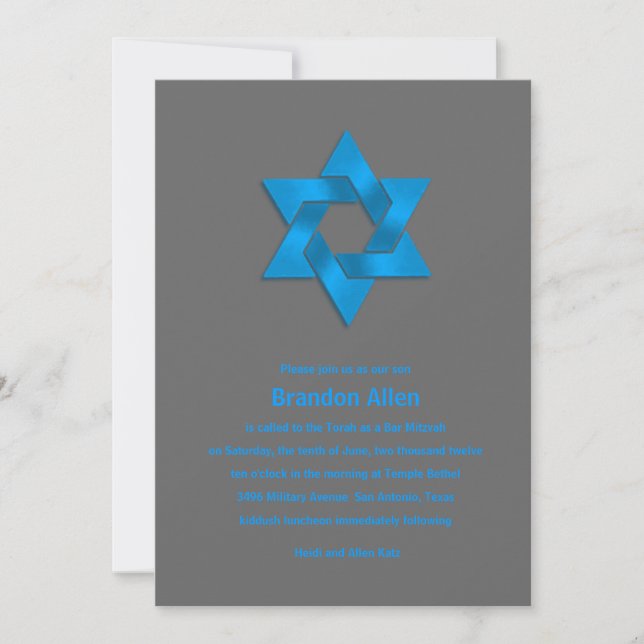 Bar Mitzvah Blue on Grey, Star of David Invitation (Front)