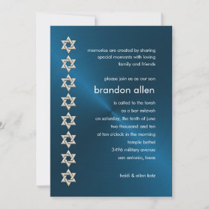 Bar Mitzvah Blue Sheen Silver Stars of David Invitation