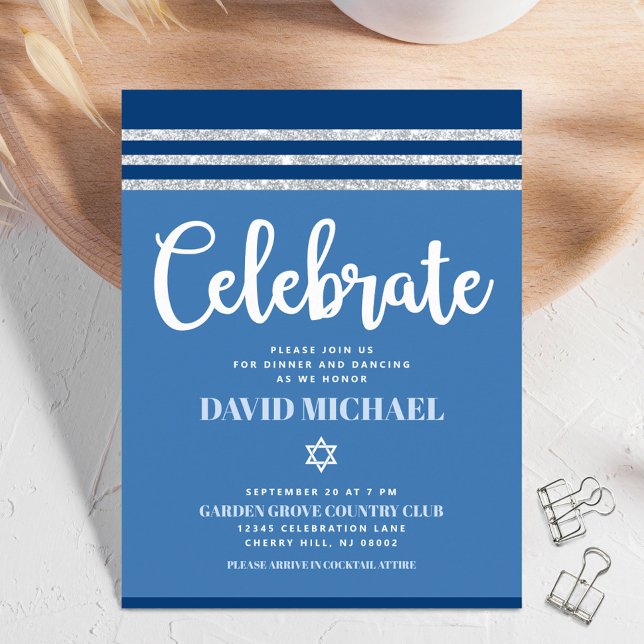 Bar Mitzvah Blue Silver Tallit Bold Modern Script  Enclosure Card (Creator Uploaded)