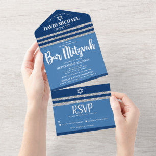 Bar Mitzvah Blue Silver Tallit Modern Bold Script All In One Invitation