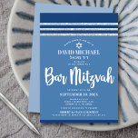 Bar Mitzvah Blue Silver Tallit Modern Bold Script Invitation<br><div class="desc">Be proud, rejoice and showcase this milestone of your favourite Bar Mitzvah! Send out this cool, unique, modern, personalised invitation for an event to remember. Bold, white script typography, Star of David and a navy blue and silver glitter striped tallit inspired graphic overlay a simple, cornflower blue background. Personalise the...</div>