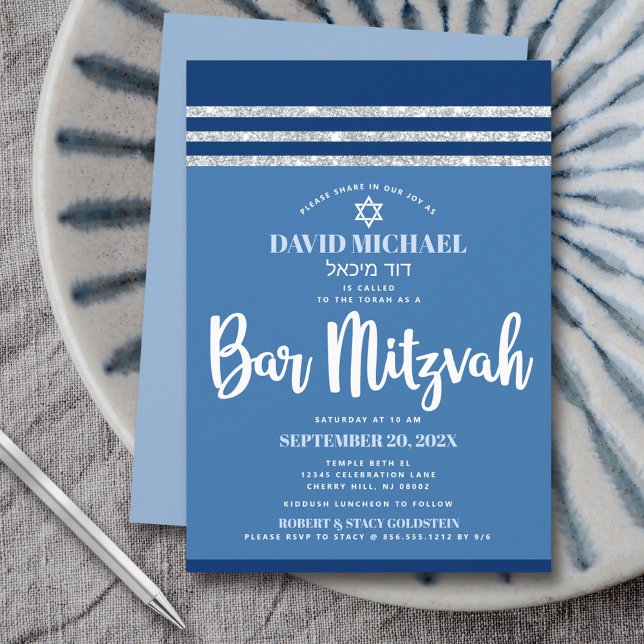 Bar Mitzvah Blue Silver Tallit Modern Bold Script Invitation (Creator Uploaded)