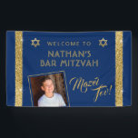 Bar Mitzvah Blue Welcome Mazel Tov  Banner<br><div class="desc">Bar Mitzvah Welcome and Mazel Tov Congratulations Banner with Personalised photo on a navy blue background with silver sparkly glitter stripe border edges. Add custom wording, fonts, or more photos and remove the gold glittler border by clicking "Customise Further." For matching and coordinating items, contact the Paper Grape Zazzle Designer...</div>