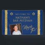 Bar Mitzvah Blue Welcome Mazel Tov  Banner<br><div class="desc">Bar Mitzvah Welcome and Mazel Tov Congratulations Banner with Personalised photo on a navy blue background with silver sparkly glitter stripe border edges. Add custom wording, fonts, or more photos and remove the gold glittler border by clicking "Customise Further." For matching and coordinating items, contact the Paper Grape Zazzle Designer...</div>