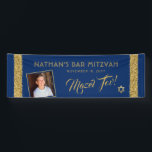 Bar Mitzvah Blue Welcome Mazel Tov Large Banner<br><div class="desc">Large Long Bar Mitzvah Welcome and Mazel Tov Congratulations Banner with Personalised photo on a navy blue background with gold sparkly glitter stripe border edges. Add custom wording,  fonts,  or more photos and remove the gold glittler border by clicking "Customise Further."</div>