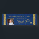 Bar Mitzvah Blue Welcome Mazel Tov Large Banner<br><div class="desc">Large Long Bar Mitzvah Welcome and Mazel Tov Congratulations Banner with Personalised photo on a navy blue background with gold sparkly glitter stripe border edges. Add custom wording,  fonts,  or more photos and remove the gold glittler border by clicking "Customise Further."</div>