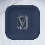 Bar Mitzvah Blue White Grey Name Monogram Paper Plate<br><div class="desc">What a wonderful,  personalised paper plate for a Jewish Bar Mitzvah Party Reception.  Background is navy blue,  monogram is grey,  name is white.  Choose square or round.  All Rights Reserved © 2024 Alan & Marcia Socolik.</div>