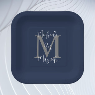 Bar Mitzvah Blue White Grey Name Monogram Paper Plate