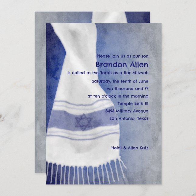 Bar Mitzvah Blue White Star of David Tallit Invitation (Front/Back)