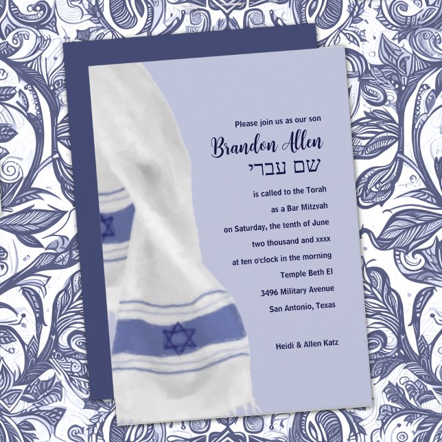 Bar Mitzvah Blue White Star of David Tallit Invitation (Creator Uploaded)