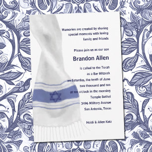 Bar Mitzvah Blue White Star of David Tallit Invitation