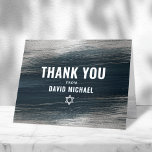 Bar Mitzvah Bold Modern Charcoal Grey Silver Foil  Thank You Card<br><div class="desc">Make sure your favourite Bar Mitzvah shows his appreciation to all who supported his milestone event! Send out this cool, unique, modern, personalised thank you card. Metallic silver foil brush strokes and Star of David, along with bold, white typography, overlay a rich, dark charcoal grey blue ombre paint background. Your...</div>
