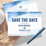 Bar Mitzvah Bold Modern Navy Typography Blue Foil  Save The Date<br><div class="desc">Make sure all your friends and relatives will be able to celebrate your son’s milestone Bar Mitzvah! Send out this cool, unique, modern, personalised “Save the Date” announcement card. Metallic light blue foil brush strokes, along with bold, navy blue typography and Star of David, overlay a simple, white background. Personalise...</div>