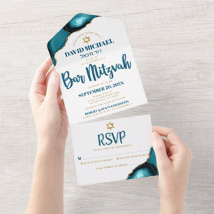 Bar Mitzvah Bold Modern Turquoise Agate Script All In One Invitation