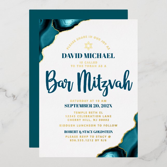 Bar Mitzvah Bold Turquoise Agate Script Real Gold (Front/Back)