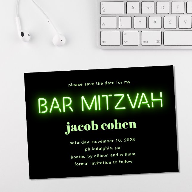 Bar Mitzvah Bright Green Neon Lights Save The Date Invitation (Creator Uploaded)