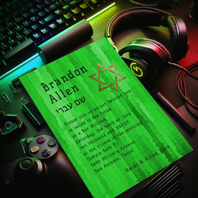 Bar Mitzvah Bright Green Techno Streaks Invitation (Creator Uploaded)