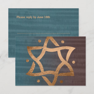 Bar Mitzvah Brown and Teal Copper Star RSVP Card