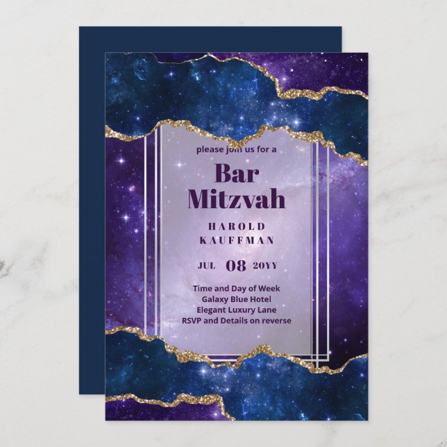 BAR MITZVAH CARDS Celestial Skies Blue Galaxy Gold (Front/Back)
