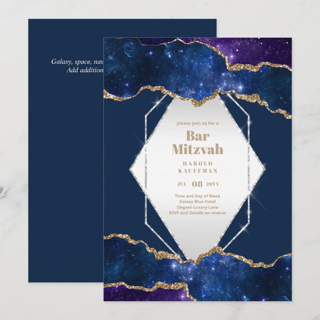 BAR MITZVAH CARDS Celestial Skies Blue Galaxy Gold (Front/Back)