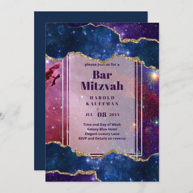 BAR MITZVAH CARDS Celestial Skies Blue Galaxy Gold (Front/Back)