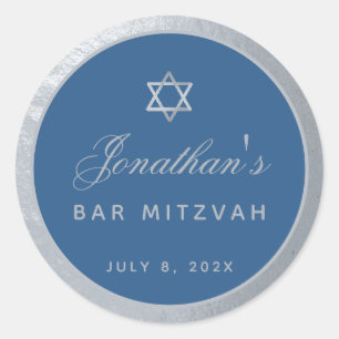 Bar Mitzvah Classic Blue Faux Silver Grey Script Round Sticker