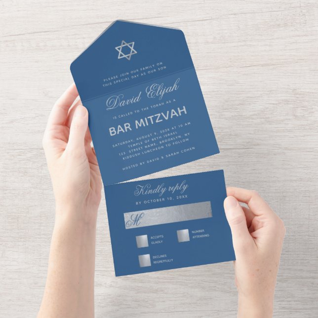Bar Mitzvah Classic Blue Faux Silver Star Script All In One Invitation (Tearaway)