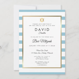 Bar Mitzvah Classic Blue White Stripe Gold Invitation