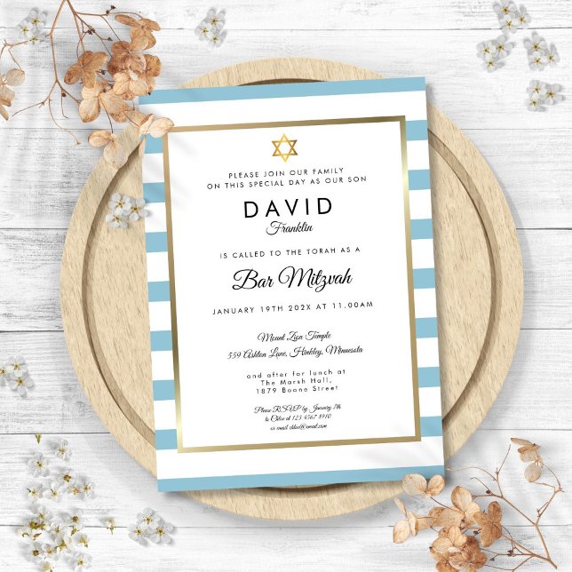 Bar Mitzvah Classic Blue White Stripe Gold Invitation (Bar Mitzvah Classic Blue White Stripe Gold Invitation)