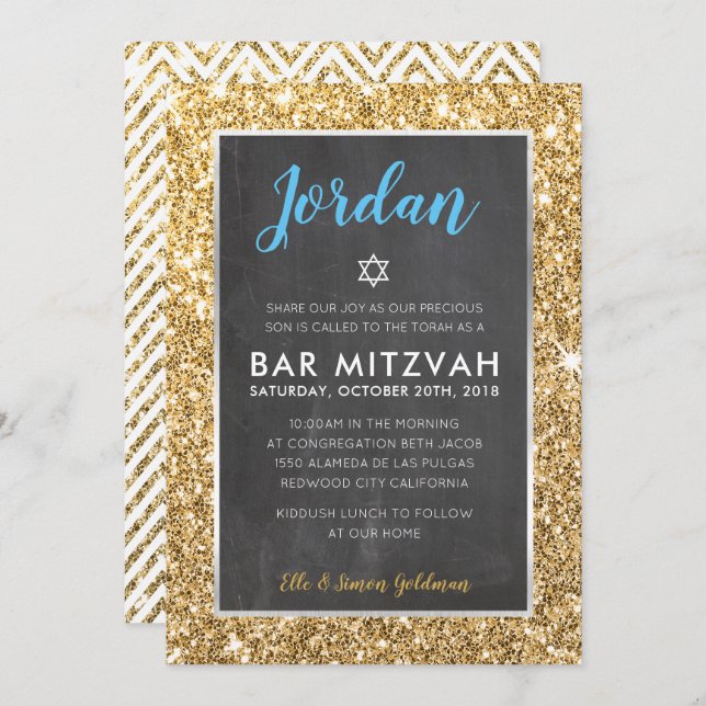 BAR MITZVAH cool chalkboard gold glitter invite (Front/Back)