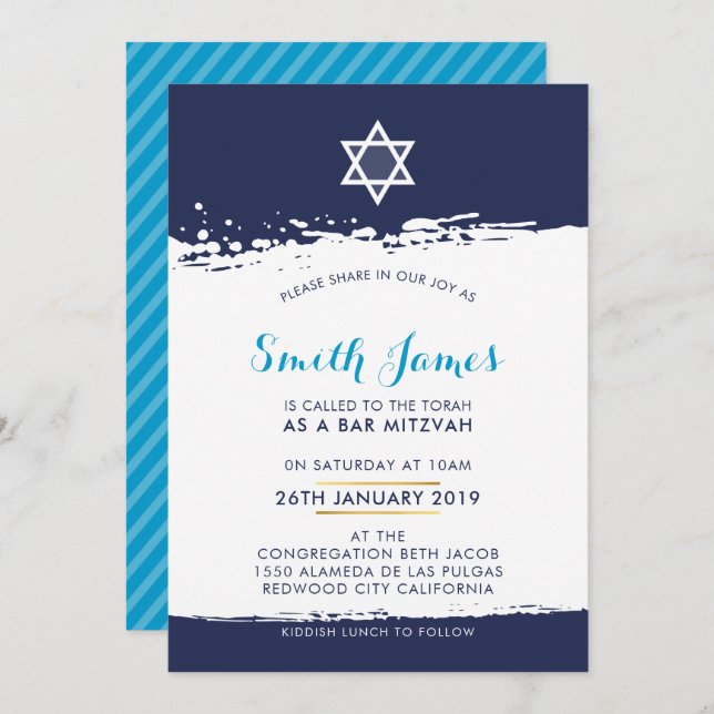 BAR MITZVAH cool modern tween brush stroke blue Invitation (Front/Back)