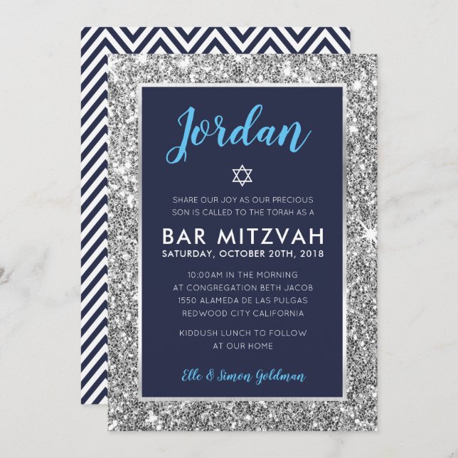 BAR MITZVAH cool tween navy blue silver invite (Front/Back)